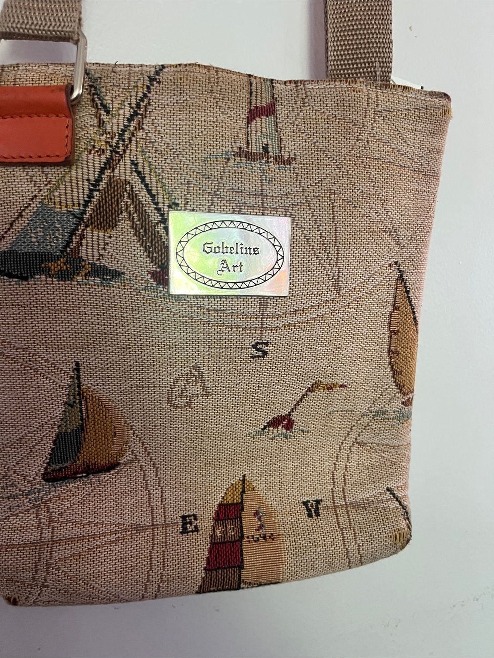 Gobelins Art Nautical Tapestry Tote — Beige with Brown & Navy Accents